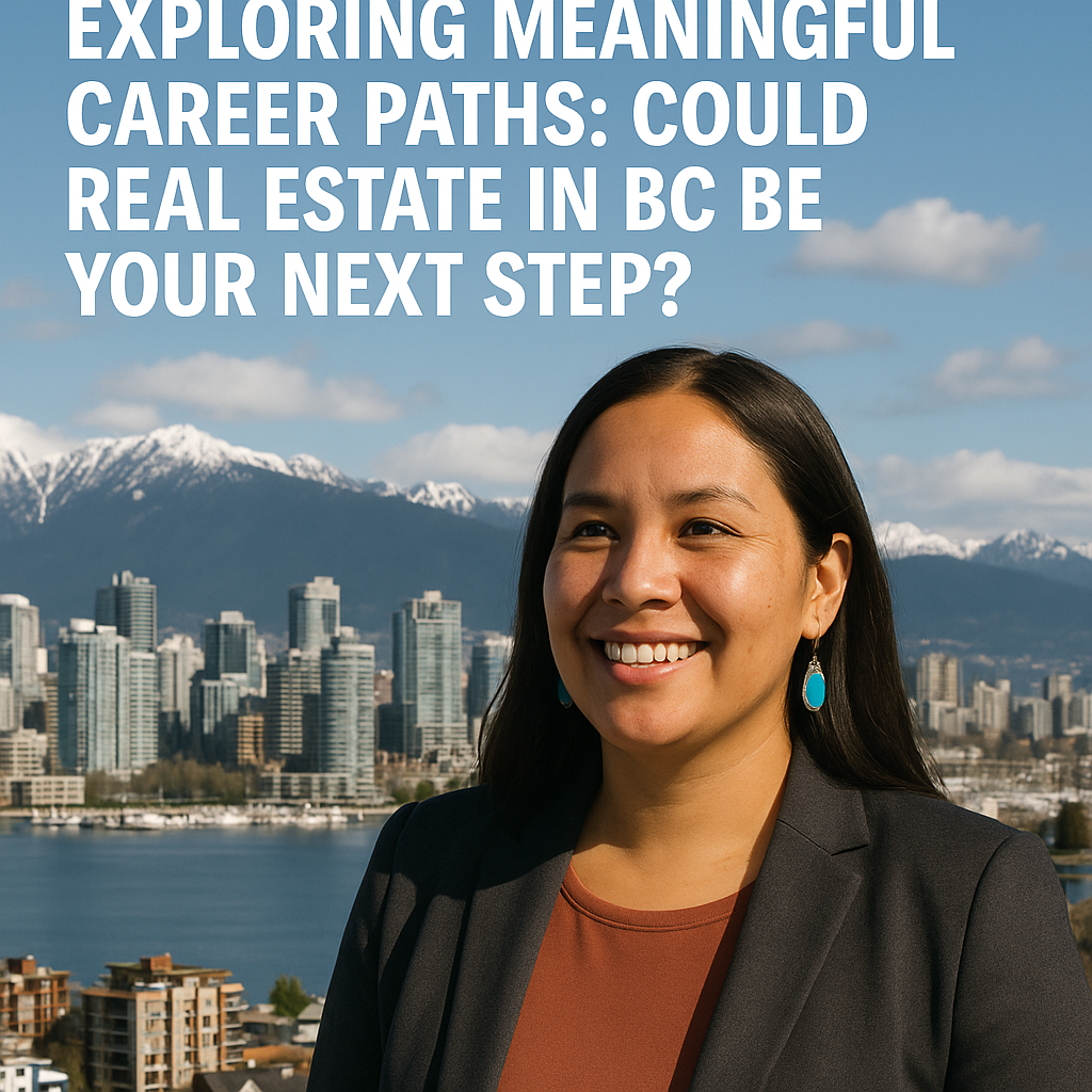 An Indigenous woman dressed in business attire smiles confidently with Vancouver’s skyline and snow-covered mountains in the background. The image promotes exploring real estate careers in BC for Indigenous professionals.